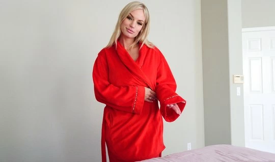 Mom in a red robe is ready to shoot POV porn and cum...