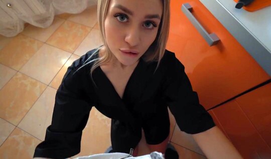 Russian blonde undresses a guy and fucks him in the first pe...