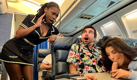 Ebony stewardess helps a white chick please a guy